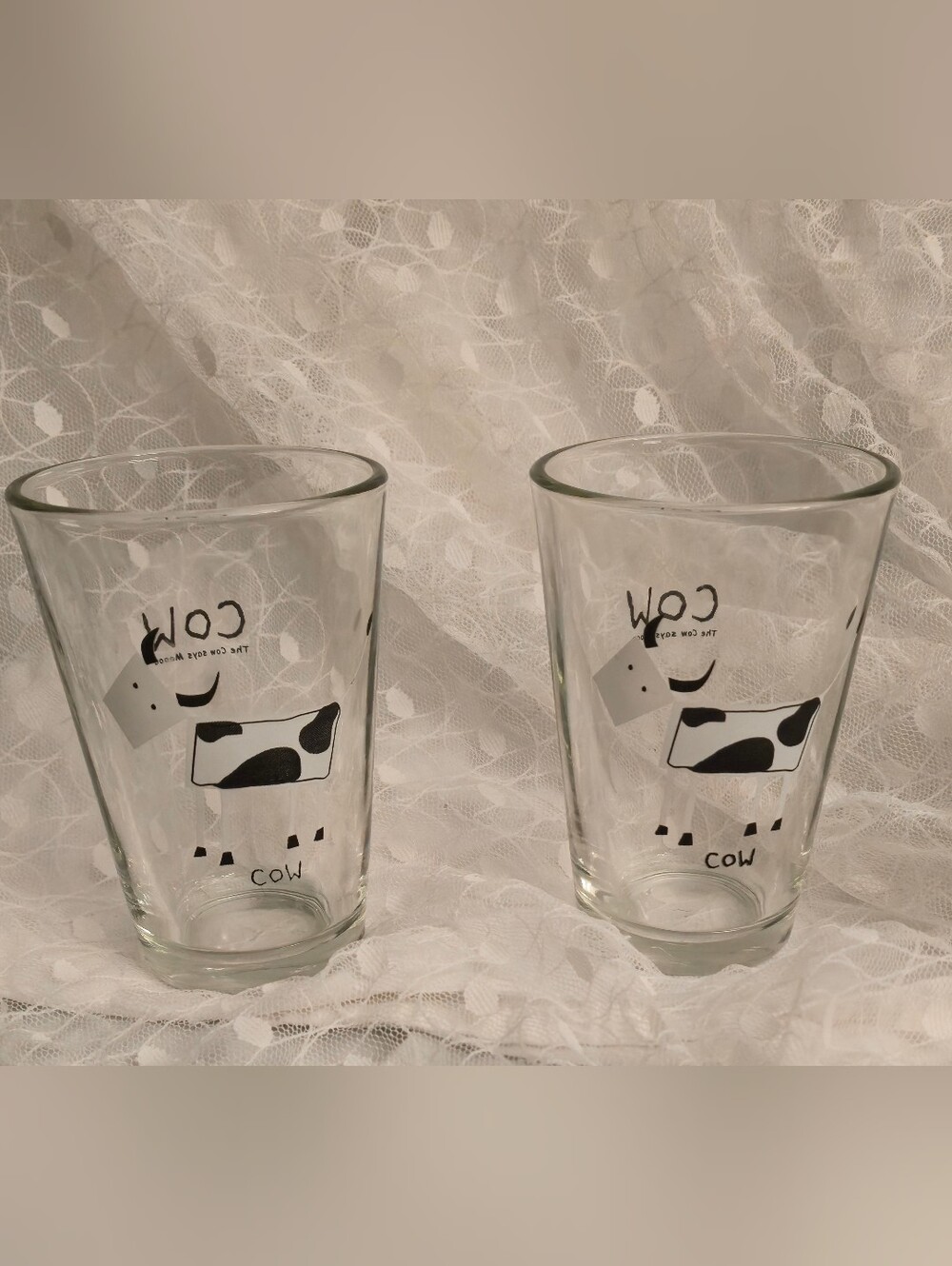 The Cow Says MOO Cute Whimsical Cow Print Clear Drinking Glass - Set of 2